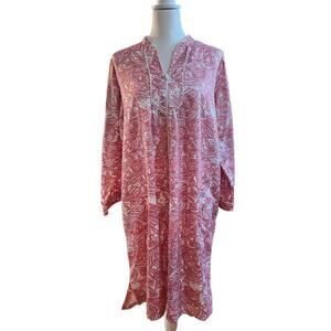 miss elaine pink paisley cozy 3/4 tassled zip neck satin nightgown size small